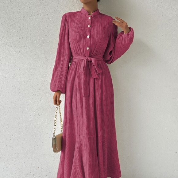 Tie Waist Long Sleeve Dress - Picture 1 of 9